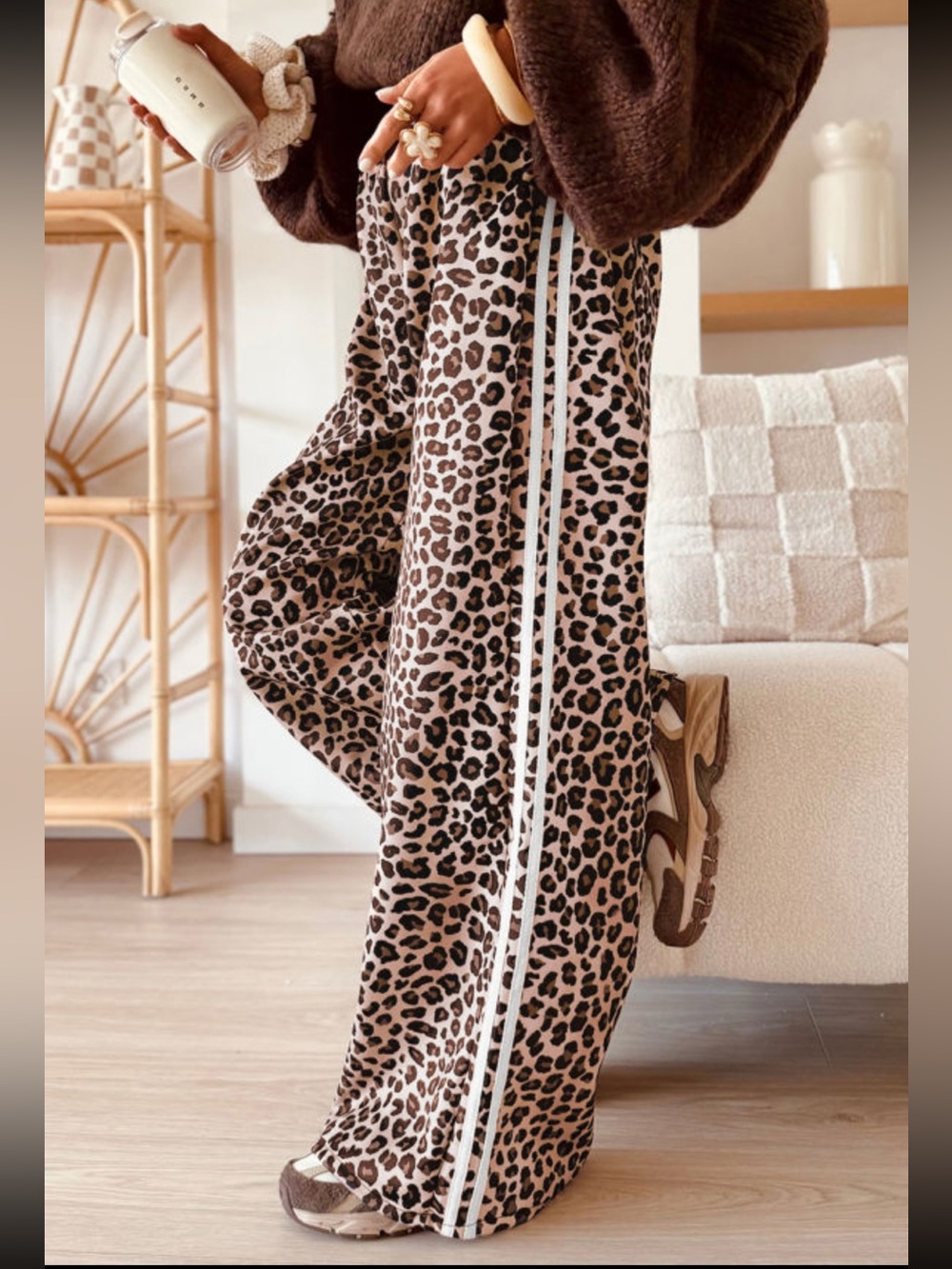 1303. Beige leopard print side stripe casual satin wide leg pant